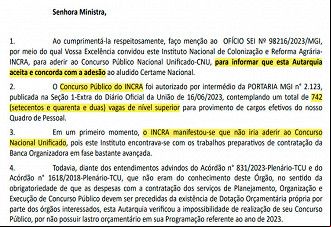 INCRA adere ao concurso unificado por meio de carta ao MGI INCRA adere ao concurso unificado por meio de carta ao MGI